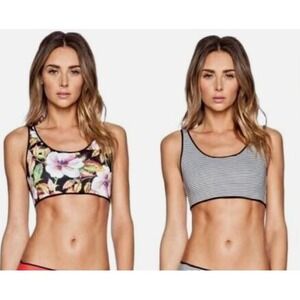 Clover Canyon Swim Crop Top Womens Sz Lg Floral Black Striped Reverse Whimsy